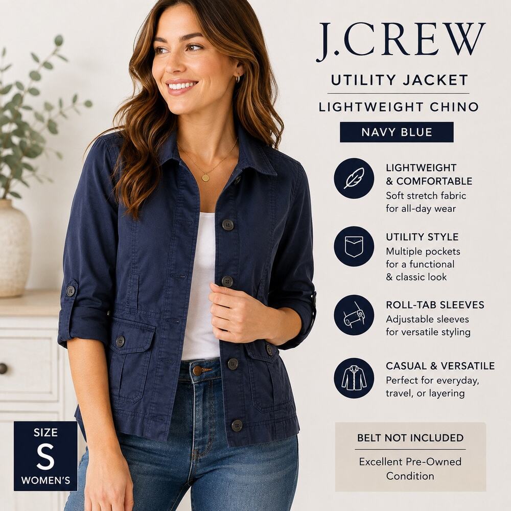 J.Crew Womens Utility Jacket Navy Blue Chino Lightweight Stretch Casual Small